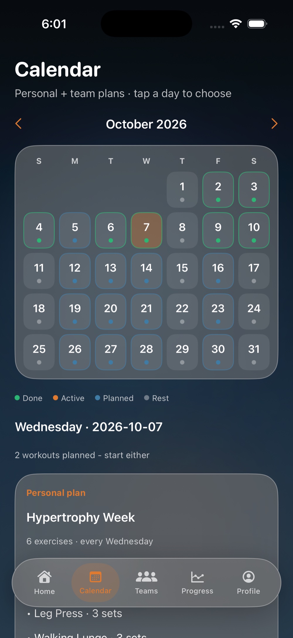 Grynd calendar for October with completed days, an active day, planned days, and rest days