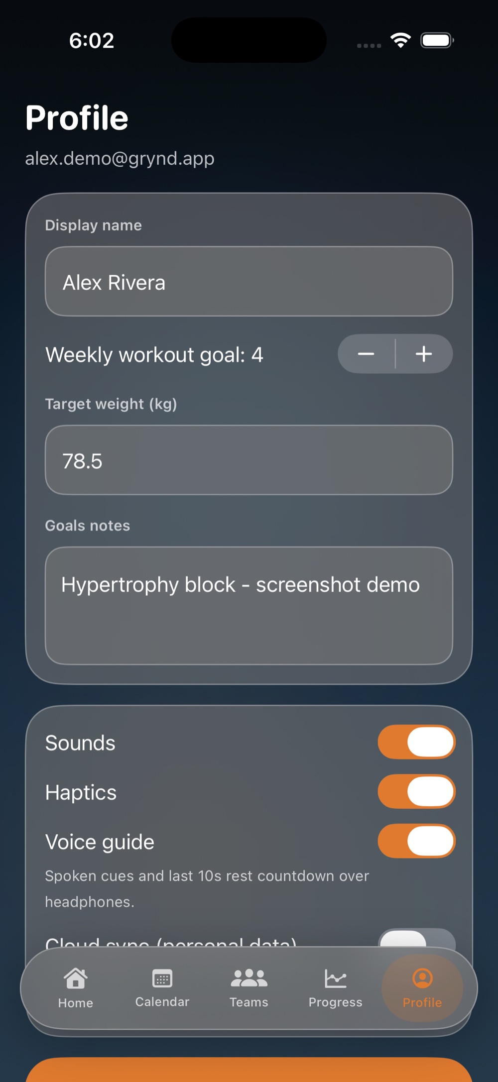 Grynd profile with display name, weekly workout goal, target weight, and toggles for sounds, haptics, and voice guide