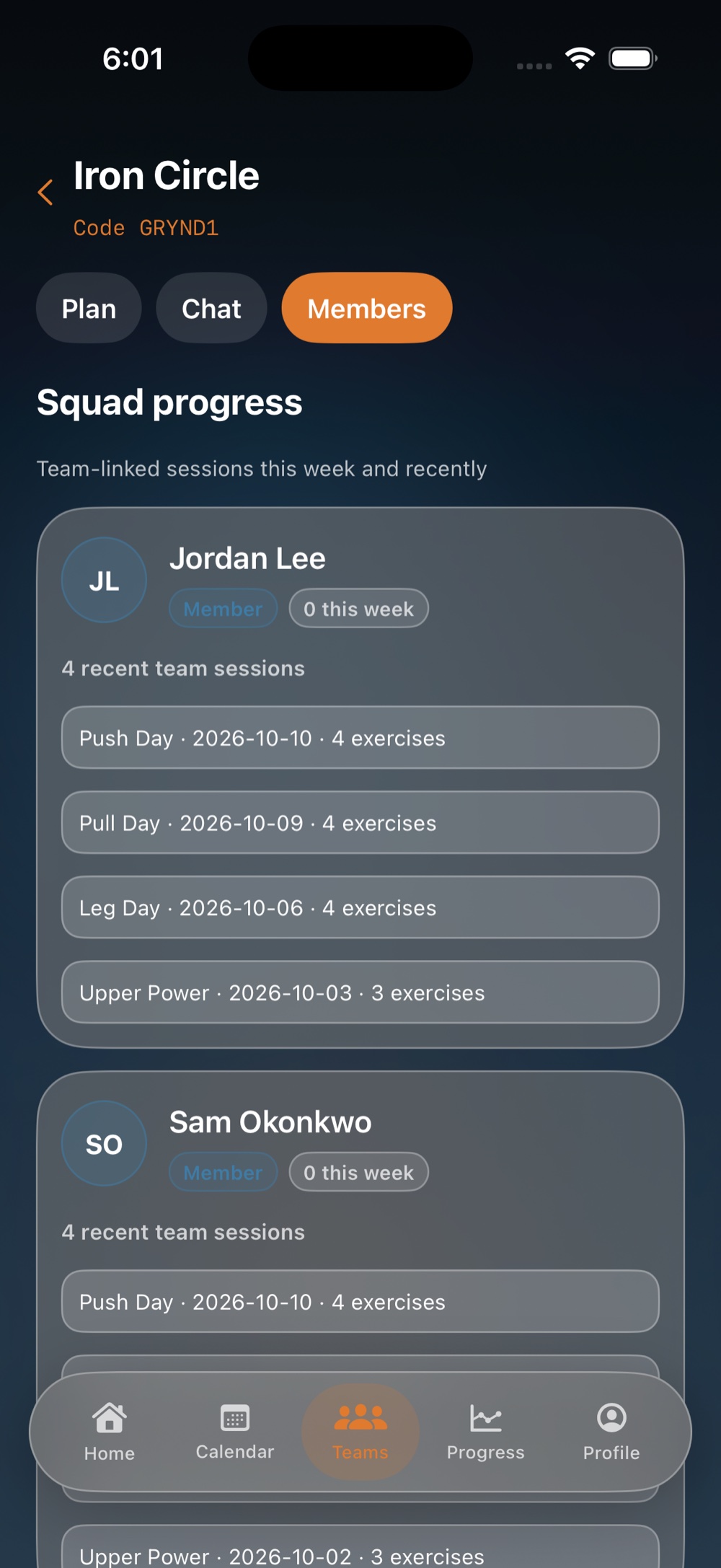 Squad progress listing recent team sessions for each member