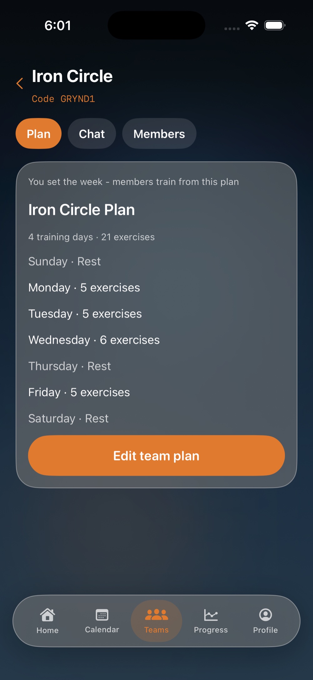 Iron Circle team plan with training days, rest days, and an edit action for the coach